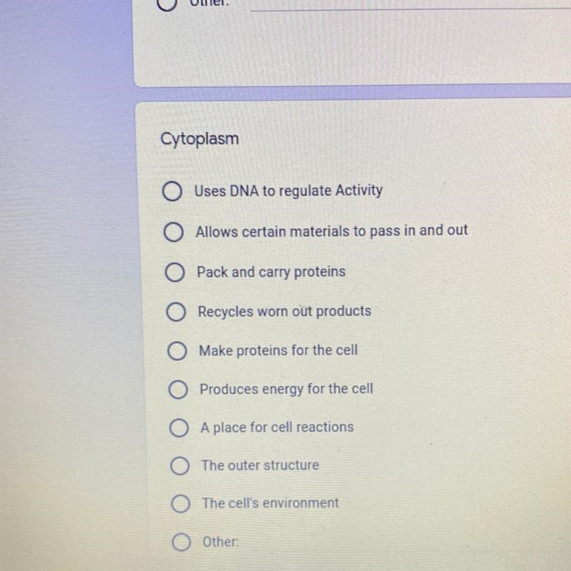 Help I need the function for Cytoplasm pick the correct answer-example-1