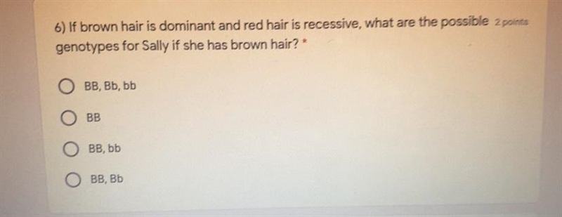 If brown hair is dominant and red hair is recessive, what are the possible genotypes-example-1