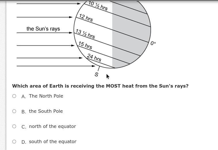 Which area of Earth is receiving the MOST heat from the Sun's rays?-example-1