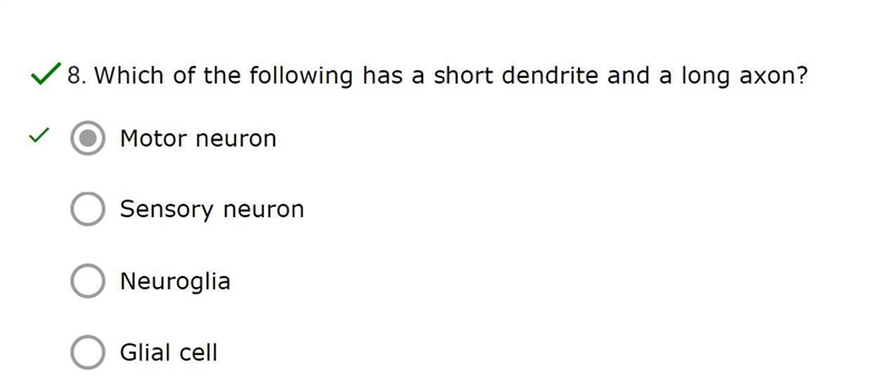 Which of the following has a short dendrite and a long axon?-example-1