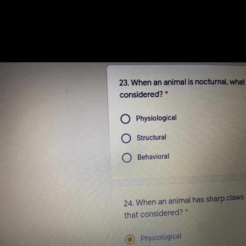 HELP!!!When an animal is nocturnal, what type of adaption is that considered?-example-1