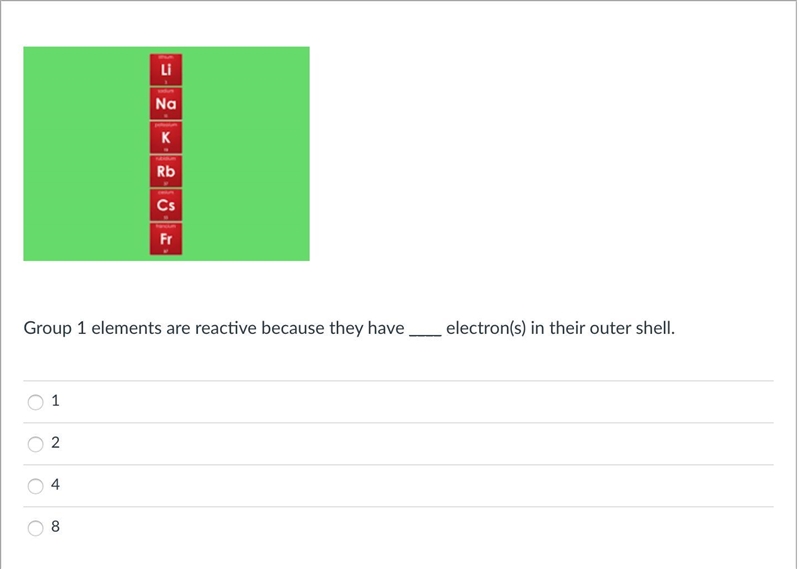 Group 1 elements are reactive because they have ____ electron(s) in their outer shell-example-1