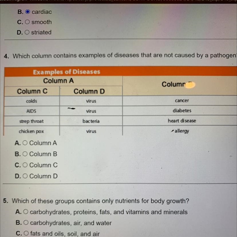 Which column contains examples of diseases that are not caused by a pathogen-example-1