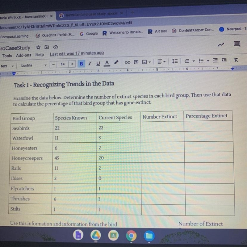 Examine the data below. Determine the number of extinct species in each bird group-example-1