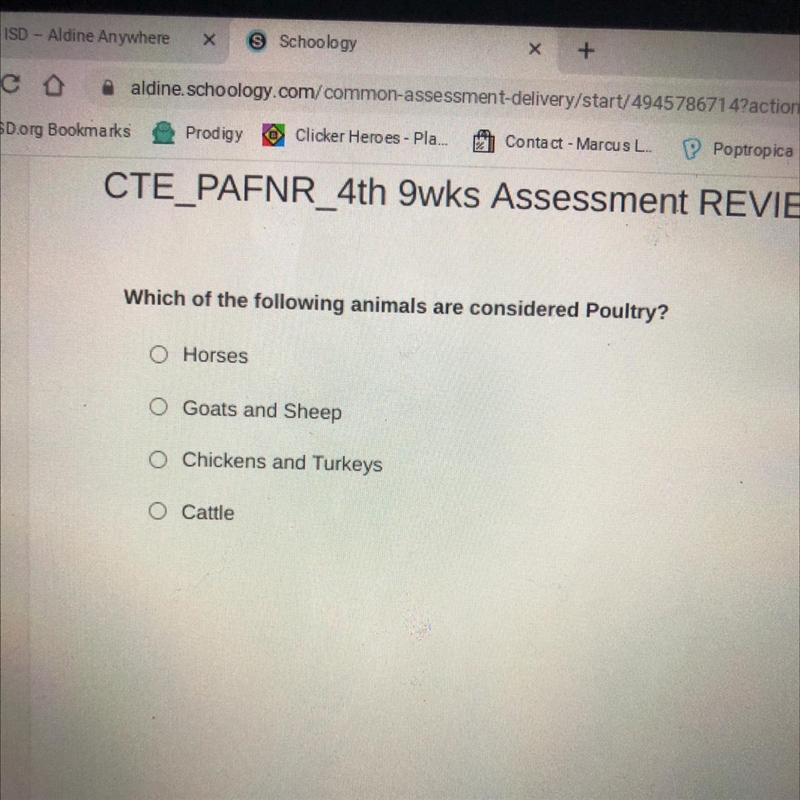 Which of the following animals are considered Poultry? Horses Goats and Sheep O Chickens-example-1