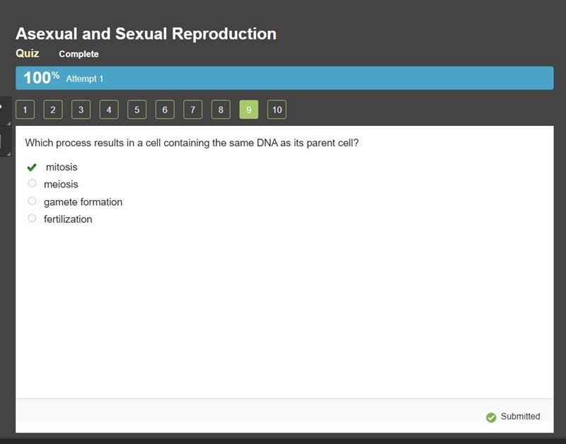 Which process results in a cell containing the same DNA as its parent cell? mitosis-example-1