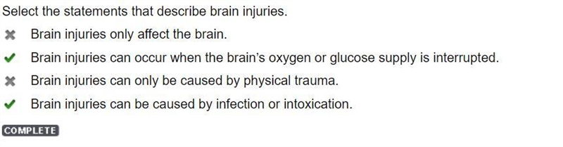 Select the statements that describe brain injuries. Brain injuries only affect the-example-1