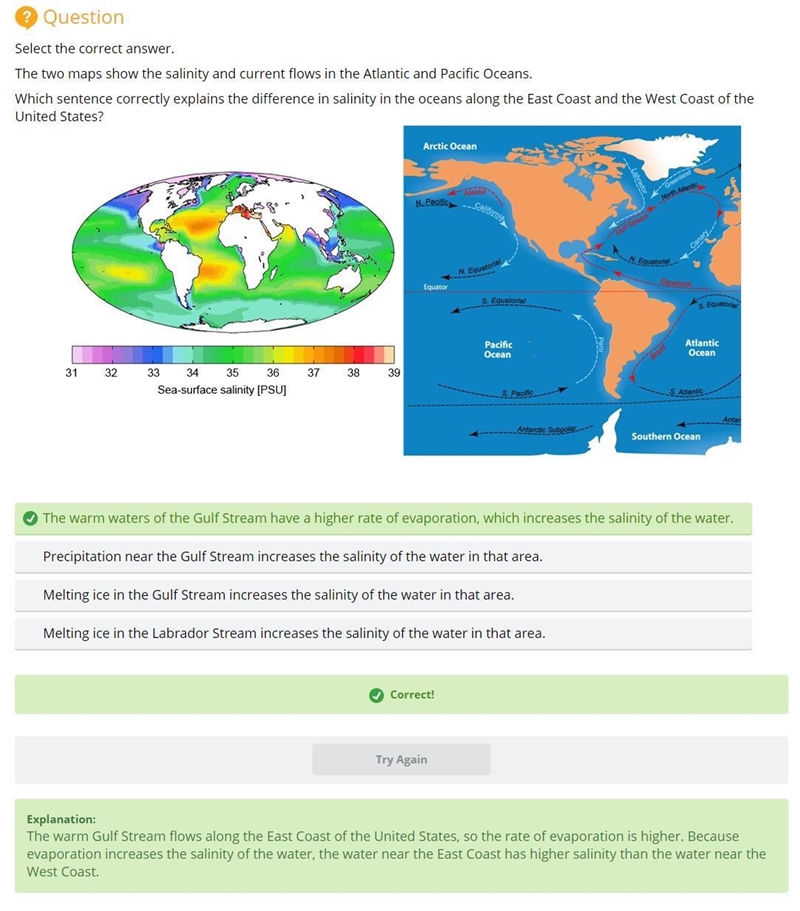 Which sentence correctly explains the difference in salinity in the oceans along the-example-1