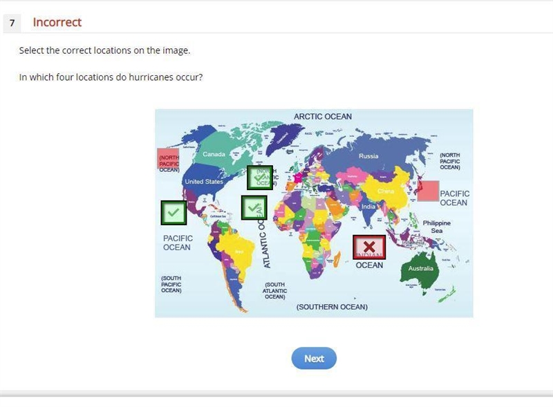 Select the correct locations on the image. in which four locations do hurricanes occur-example-1