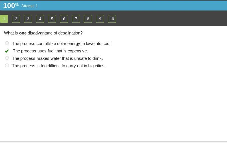 What is one disadvantage of desalination? The process can utilize solar energy to-example-1