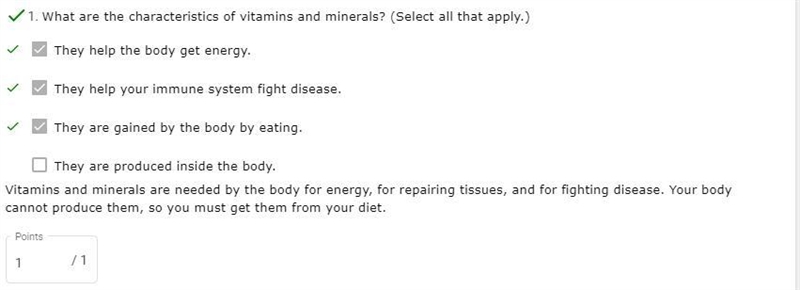 What are the characteristics of vitamins and minerals? (Select 3) A.They are gained-example-1