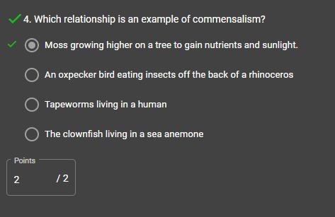 4. Which relationship is an example of commensalism? A.An oxpecker bird eating insects-example-1