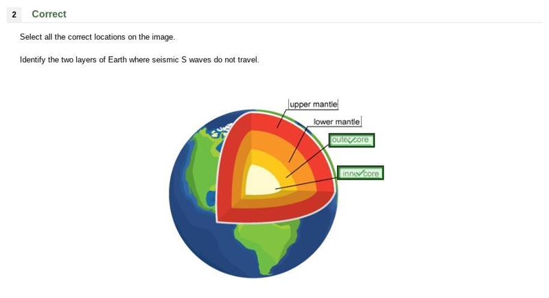 Identify the two layers of earth where seismic S waves do not travel-example-1