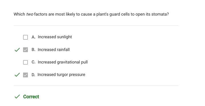 Which two factors are most likely to cause a plants guard cells to open its stomata-example-1