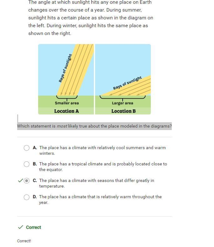 Please help The angle at which sunlight hits any one place on Earth changes over the-example-1