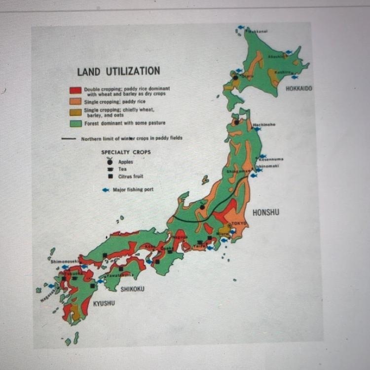 What conclusion about Japan's farmland can be made by studying the map? A) Japan is-example-1