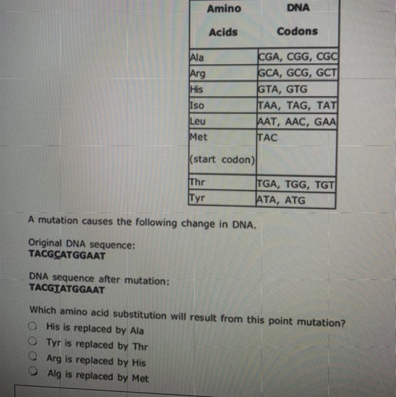 Use the table to answer the question below ^ A mutation causes the following change-example-1