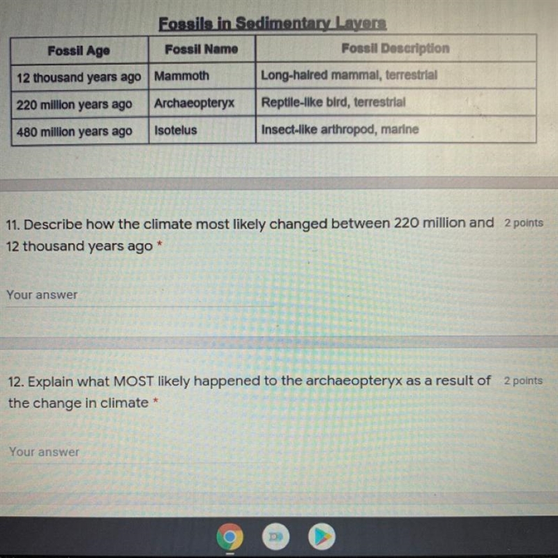 11. Describe how the climate most likely changed between 220 million and 12 thousand-example-1