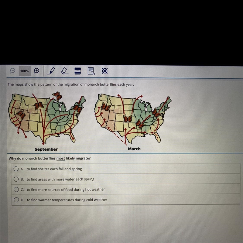 The maps show the pattern of the migration of monarch butterflies each year, September-example-1