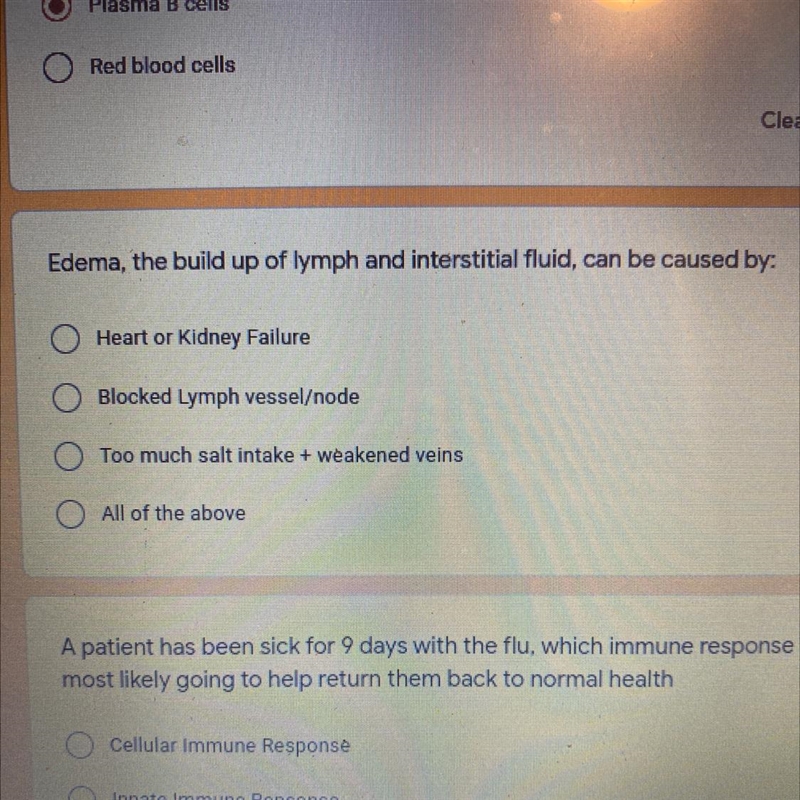 Edema, the build up of lymph and interstitial fluid, can be caused by: pls help-example-1