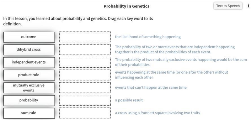 HELP PLS Probability in Genetics (Drag each key word to its definition.)-example-1