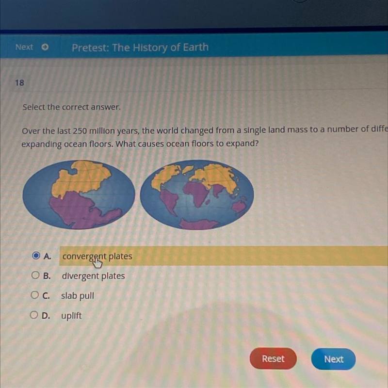 Select the correct answer. Over the last 250 million years, the world changed from-example-1