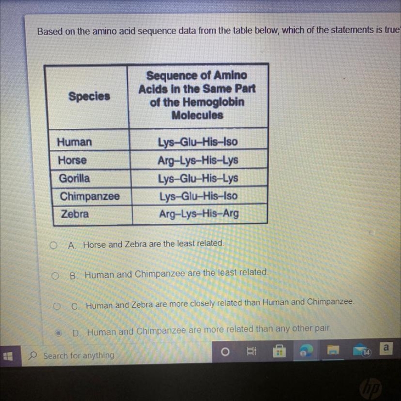 Species Sequence of Amino Acids in the Same Part of the Hemoglobin Molecules Human-example-1