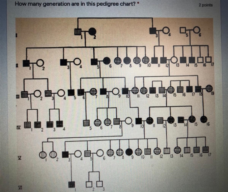 How many generations are in this pedigree chart? A) 4 B) 5 C) 6 D) 7-example-1