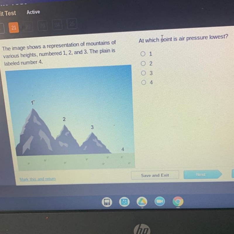 At which Loint is air pressure lowest? The image shows a representation of mountains-example-1