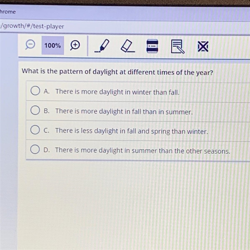 What is the pattern of daylight at different times of the year? O A. There is more-example-1