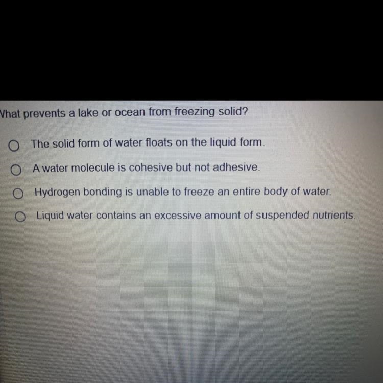 What prevents a lake or ocean from freezing solid?-example-1