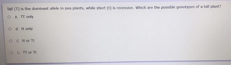 HELP ASAP ! Tall ( T ) is the dominant allele in pea plants , while short ( t ) is-example-1