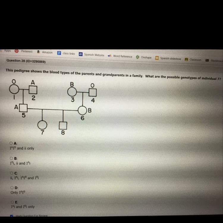 Question 28 (ID=3295869) This pedigree shows the blood types of the parents and grandparents-example-1