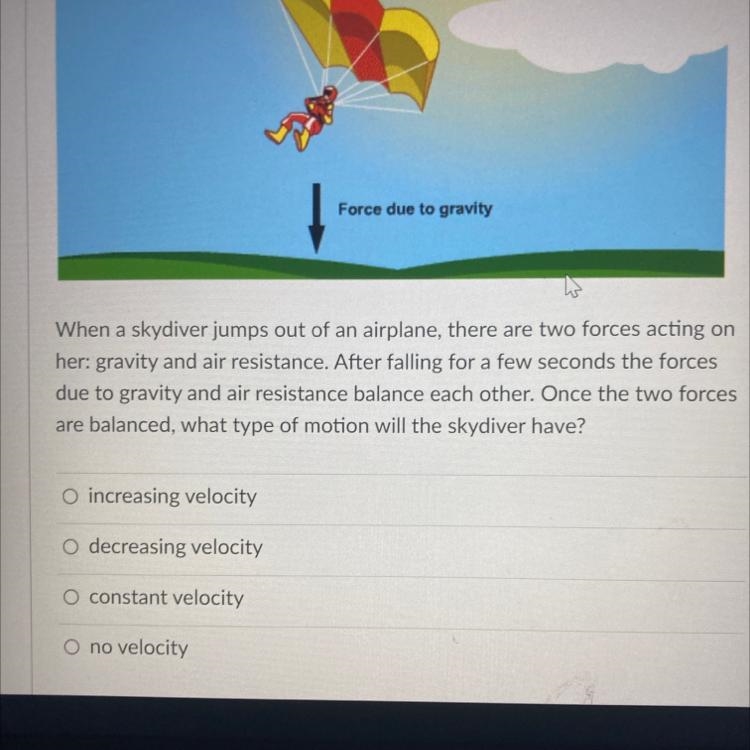 When a skydiver jumps out of an airplane, there are two forces acting on her: gravity-example-1