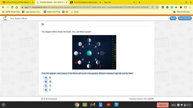 From the diagram, which phase of the Moon will result in the greatest difference between-example-1