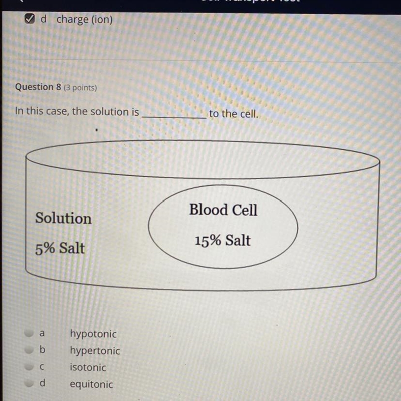 In this case, the solution is......... to the cell. a. Hypotonic b. Hypertonic c. isotonic-example-1