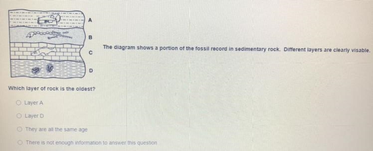 Which layer of rock is the oldest? 1. Layer A 2. Layer D 3. They are all the same-example-1