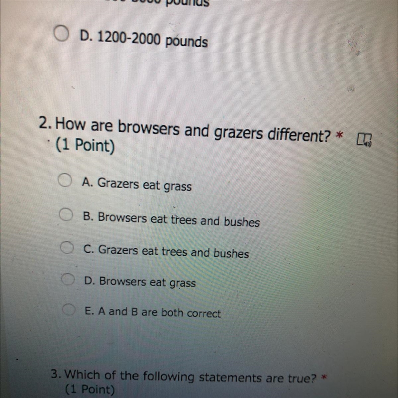 2. How are browsers and grazers different? * (1 Point) A. Grazers eat grass B. Browsers-example-1