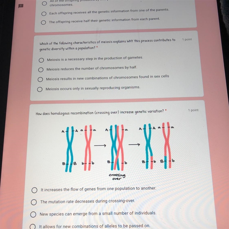 Someone answer these 2 pls How does homologous recombination (crossing over) increase-example-1