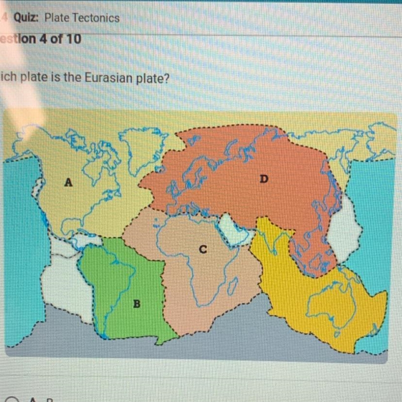 Which plate is the Eurasian plate? A.B B.C C.A D.D-example-1