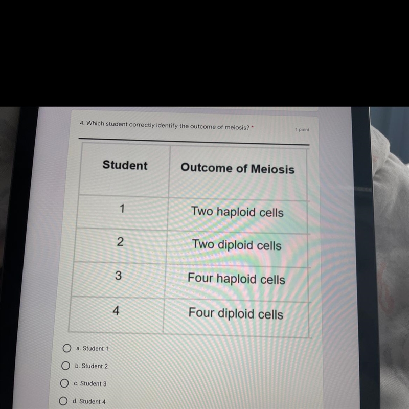 Which student correctly identified the outcome of meiosis?-example-1