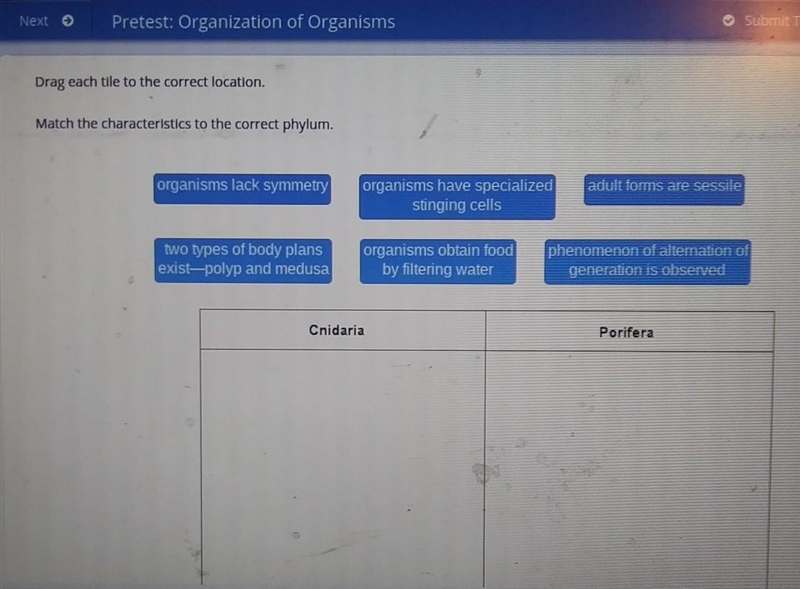 Next > Pretest: Organization of Organisms Su Drag each tile to the correct location-example-1