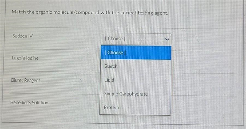 Match the organic mocule/compoound with the correct testing agent.​-example-1