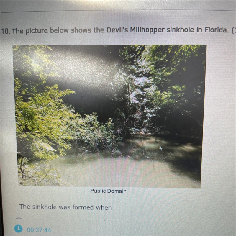 The picture below shows the devils Millhopper sinkhole in Florida. The sinkhole was-example-1