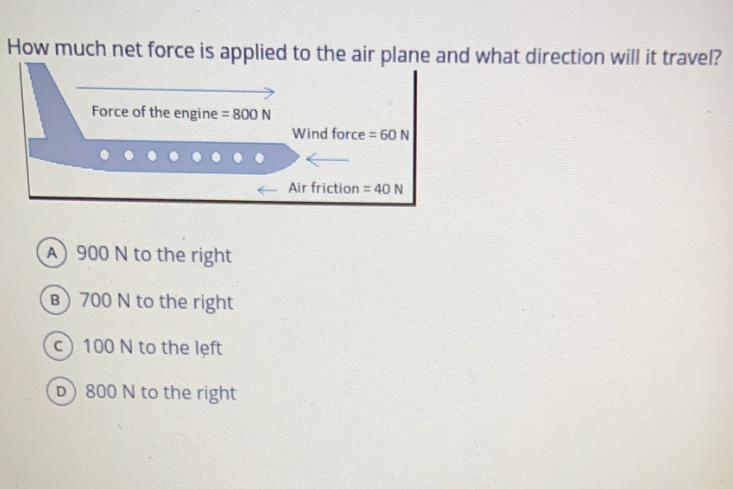 How much net force is applied to the air plane and what direction will it travel? Force-example-1