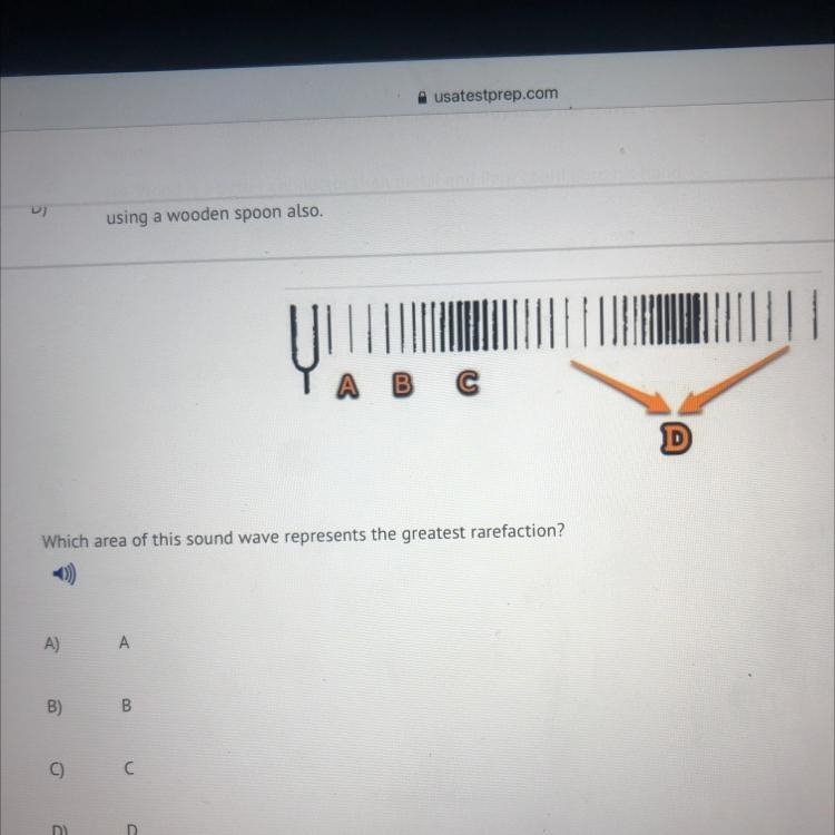 Which area of this sound wave represents the greatest rarefaction?-example-1