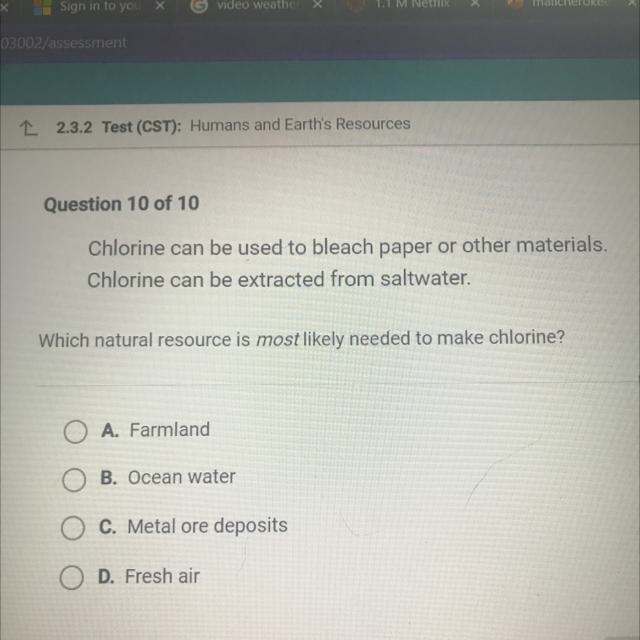 Which natural resource is most likely need to make chlorine?-example-1