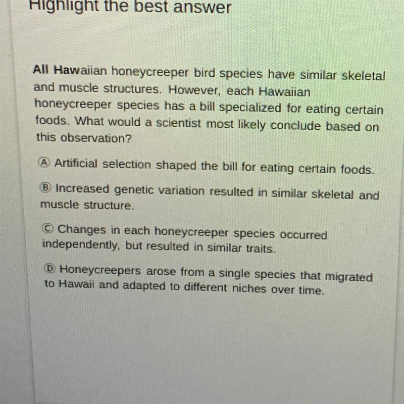 All Hawaiian honeycreeper bird species have similar skeletal and muscle structures-example-1