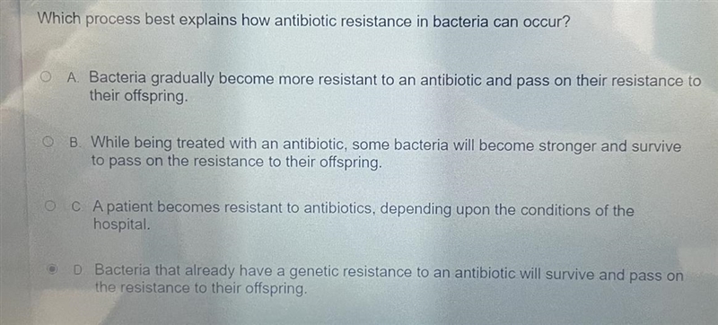 Which process best explains how antibiotic resistance in bacteria can occur?-example-1