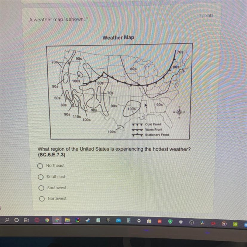 2 points A weather map is shown. Weather Map 70s 90s 705 M 100s 80s 905 - 70s 608 80s-example-1